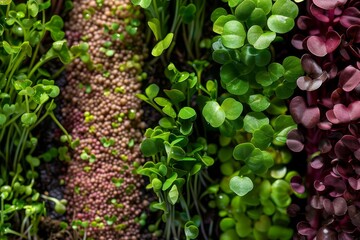 Microgreens variety in macro shot with vibrant colors. Close-up image capturing the texture and colors of edible plant sprouts