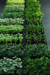 Varied stages of microgreen growth in soil arranged in rows. Dark soil with lush green crop. Close-up macro view of vibrant green microgreen foliage.