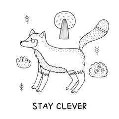 Stay Clever black and white print with a cute fox. Funny forest character print in outline for kids. Woodland little fox. Vector illustration - 780919796