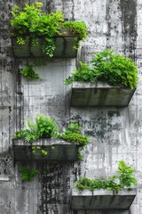 Urban greenery concept featuring ferns growing in hanging planters against a worn concrete wall.