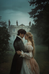 Enigmatic couple in a vintage romantic setting