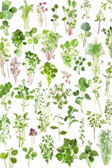 Collection of different microgreen plants portrayed in watercolor for health and diet concepts