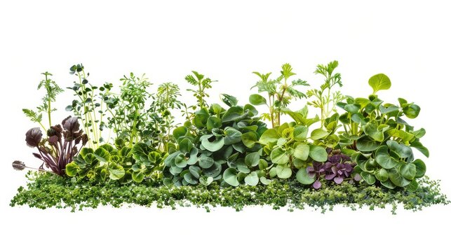 Vibrant microgreens assortment border on white.. Array of colorful microgreens in a photograph, suitable for health food and gardening topics.