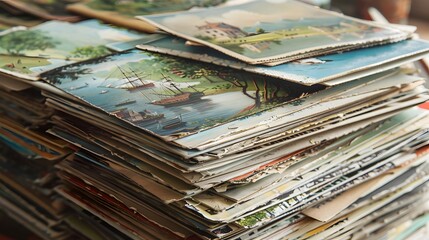 A stack of colorful postcards