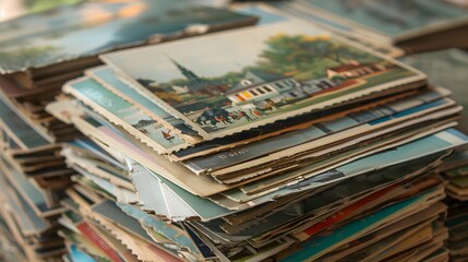 A stack of colorful postcards