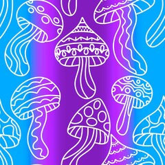 Cartoon autumn harvest seamless neon Halloween mushrooms with skulls pattern for wrapping paper and fabrics