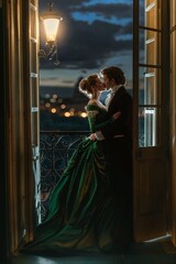 Victorian couple embracing by balcony door