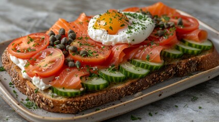  tomatoes, cucumber slices, and an egg atop a slice of bread