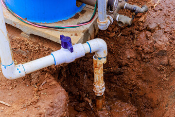 Water is connected to well pump through an underground pipeline for new home