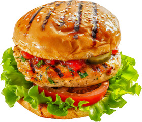 Grilled chicken burger with fresh vegetables cut out png on transparent background