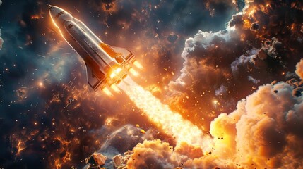 Powerful Rocket Ship Blasting Off in Fiery Explosion Towards Expansive Cosmic Sky - obrazy, fototapety, plakaty