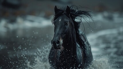   A tight shot of a horse in water, head raised high, mane billowing in the wind