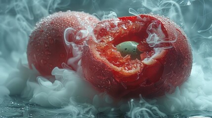   A red pepper sits centrally on a surface, surrounded by smoke and a thin film of water