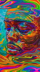 Abstract vibrant painting portrays a human face in style surreal amid swirls of bright colors and fancy shapes, suggesting creativity and dreaminess