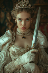 Royal woman with sword in vintage dress