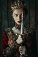 Intense young queen with ornate sword