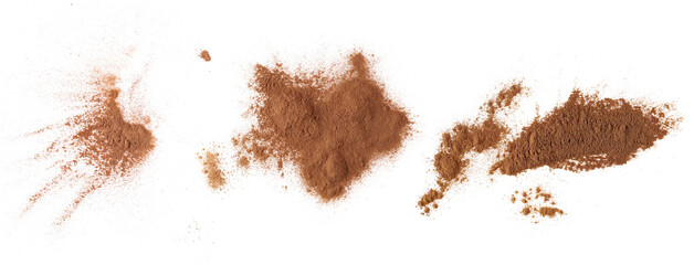 Set cinnamon powder scattered isolated on white, texture	