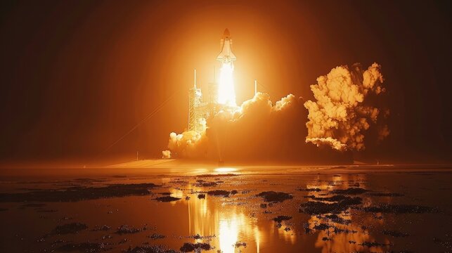 Dramatic Blastoff of Powerful Space Shuttle Erupting with Fiery Smoke and Illumination in the Night Sky