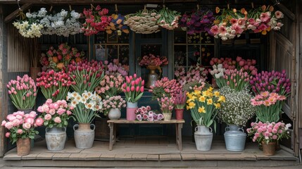 Fototapeta na wymiar A flower shop teeming with various tulips and daffodils in buckets