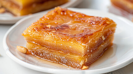 Close-up of delicious iraqi baklava with syrup on a white plate, a middle eastern dessert