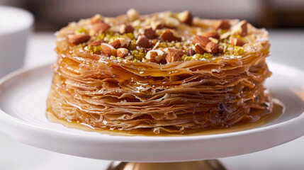 Authentic iraqi knafeh topped with nuts on a white plate - obrazy, fototapety, plakaty