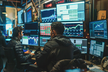 Cryptocurrency traders scrutinize charts, analyzing market in a bustling trading room, strategizing amidst screens and data. - obrazy, fototapety, plakaty