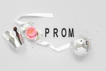 Word PROM with crown, boutonniere and disco ball on white background - obrazy, fototapety, plakaty
