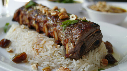 Savory roasted lamb served on a bed of white rice, garnished with nuts and herbs, capturing the essence of iraqi cuisine