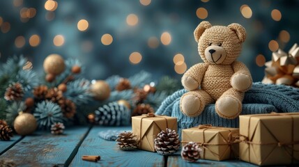 A Christmas fun postcard with gift boxes stacked on top of a teddy bear. Seals, stamps and copy space are included. - obrazy, fototapety, plakaty