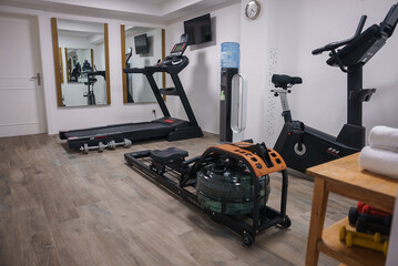 Modern home gym with various exercise machines rowing machine, treadmill, dumbbells, exercise bike....