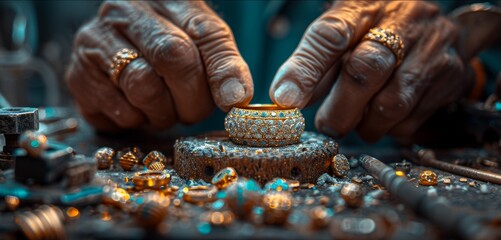 Hands of the goldsmith working on the unfinished 22 karat gold ring