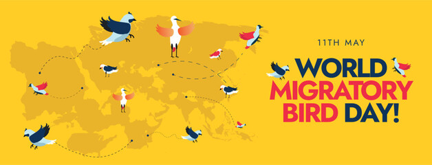 World Migratory Bird day. 11th May World Migratory Bird Day celebration cover banner, post with silhouette world map and birds with dotted lines. Migration Birds conservation Awareness banner. - obrazy, fototapety, plakaty