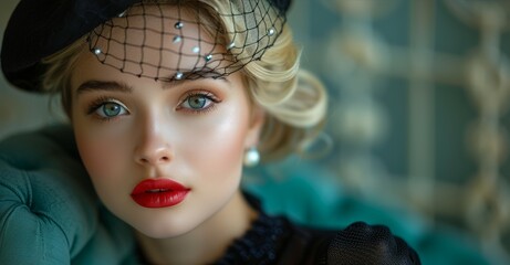 Blond woman with a black net beret and gloves on, red lips and natural eyes, and silver faux rose on the hand