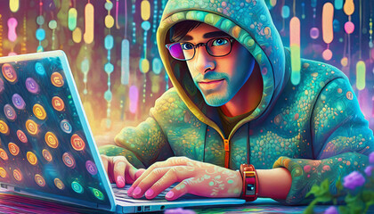 oil painting style cartoon character illustration Close up of hacker hands using laptop with creative binary coding hologram