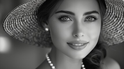 An attractive woman wearing a straw summer hat with pearls and long false eyelashes, smiling - obrazy, fototapety, plakaty
