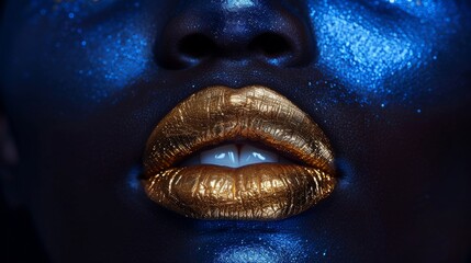 The lips of an African woman are full and shiny with gold and blue metallic make-up