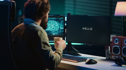 Programmer being asked existential questions by awaken AI gaining consciousness, emulating humans and passing turing test. Man communicating with artificial intelligence, camera A