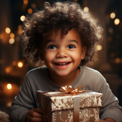 Joyful child with a Christmas gift in festive setting