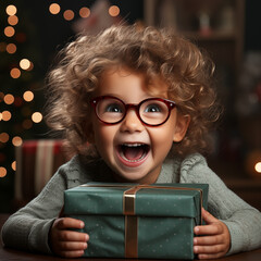 Excited child with eyeglasses holding a Christmas gift