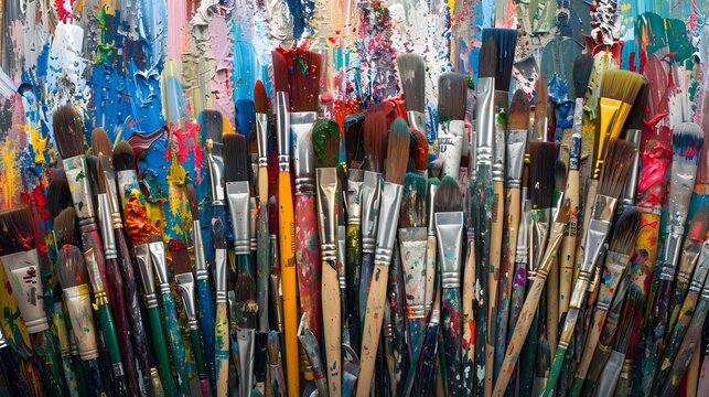 Paintbrushes arranged in a chaotic yet artistic manner.