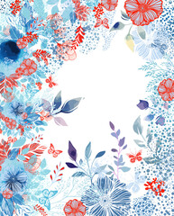 Frame with blue and red flowers. hand drawing. Not AI, Vector illustration