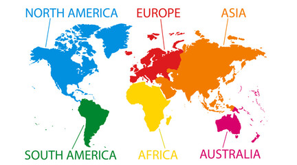 Map of the world with the names of the continents, isolated on white background. Detailed world map with individual colors for each continent, vector illustration.