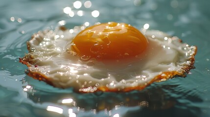   A fried egg atop toast in a bowl of water on a table