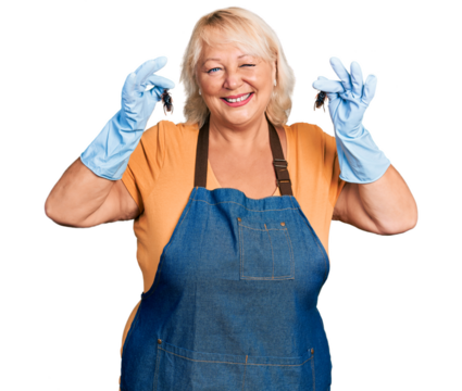Middle age blonde woman holding cockroach winking looking at the camera with sexy expression, cheerful and happy face.