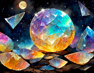 異世界半透明な宝石のモザイク月星空ポストカード風 - obrazy, fototapety, plakaty