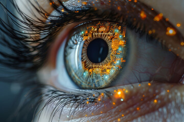 A human eyeball with integrated chip elements, macro shot