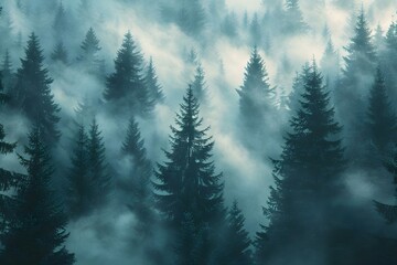 Vintage style misty mountain forest with pine trees and foggy clouds. Concept Mountain Landscapes, Vintage Vibes, Misty Forest, Pine Trees, Foggy Atmosphere - obrazy, fototapety, plakaty