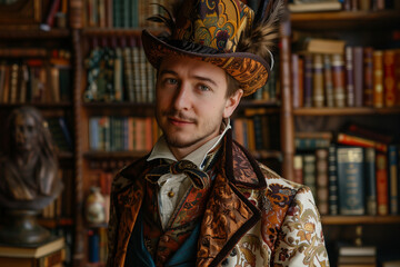 Elegant man in vintage costume posing in library. Generative AI image