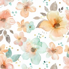 watercolor floral pattern, pastel pink and peach tones, white background