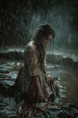 Tragic young lady in a rain-soaked vintage gown